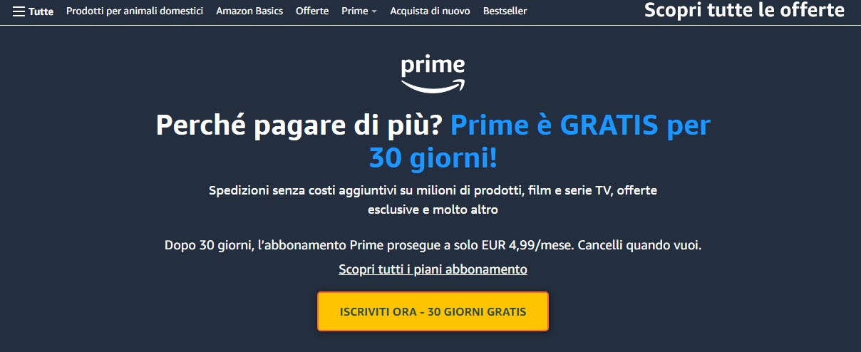 Amazon Prime Gratis 30 giorni senza limiti e a costo zero